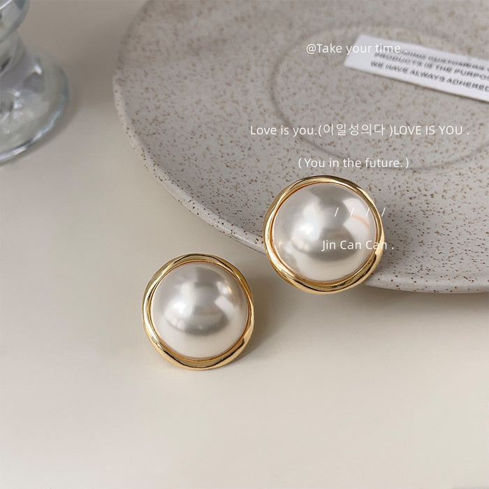 Large White Pearl Gold Rim Circular Stud Earrings Pair