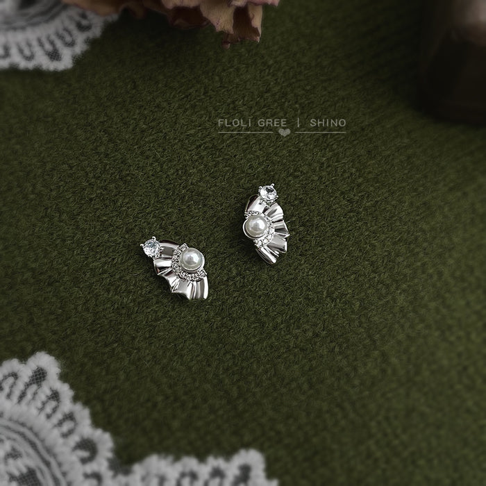 Silver-Tone Ruffle Skirt Pearl Clear Stone Stud Earrings