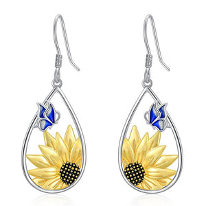 Silver Teardrop Gold Sunflower Blue Butterfly Drop Earrings