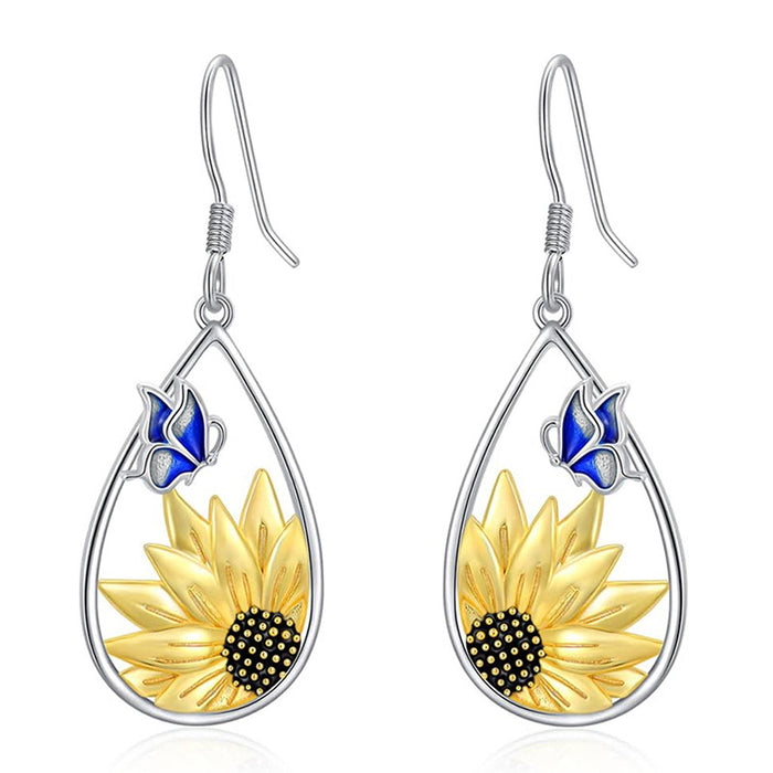 Silver Teardrop Gold Sunflower Blue Butterfly Drop Earrings