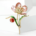 Pink Enamel Flower Brooch Ladybug Green Leaves Gold Tone view 2
