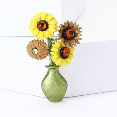 Sunflower Vase brooch front view on a white background