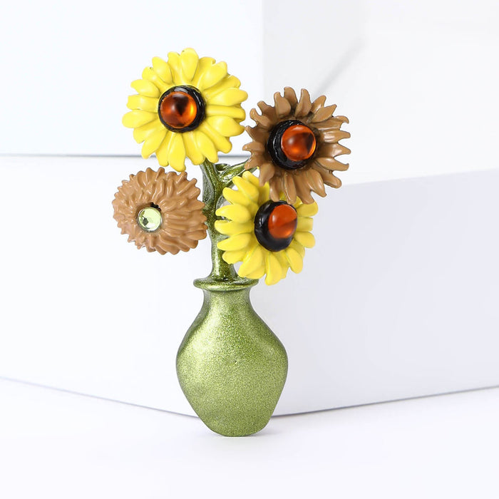Sunflower Vase Brooch with Green Enamel Vase and Gold Tone Blooms
