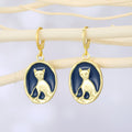Gold Tone Oval Navy Cat Medallion Huggie Drop Earrings view 1