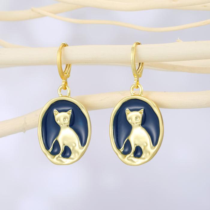 Gold Tone Oval Navy Cat Medallion Huggie Drop Earrings