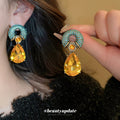 Teal Crystal Semicircle Champagne Teardrop Statement Earrings view 1