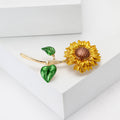 Yellow Enamel Sunflower Brooch Green Leaf Gold Stem Pin view 3