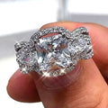Double Square White Stone Ring with Pavé Silver Tone Band view 4