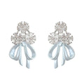 Silver Zircon Flower Cluster Light Blue Bow Drop Earrings view 5