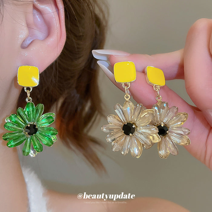 Yellow Square and Translucent Flower Drop Earrings