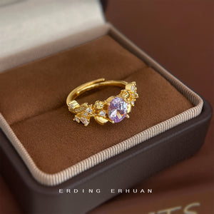 Gold-Tone Open Ring Purple Oval Crystal Leaf Accents