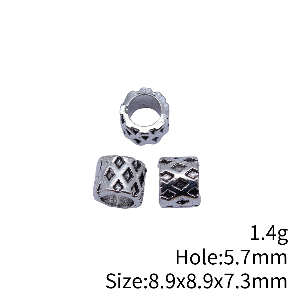 8.9x8.9x7.3mm 1.4g Antique Silver Zinc Alloy Checkered Round Large Hole Spacer Beads for Bracelet Making