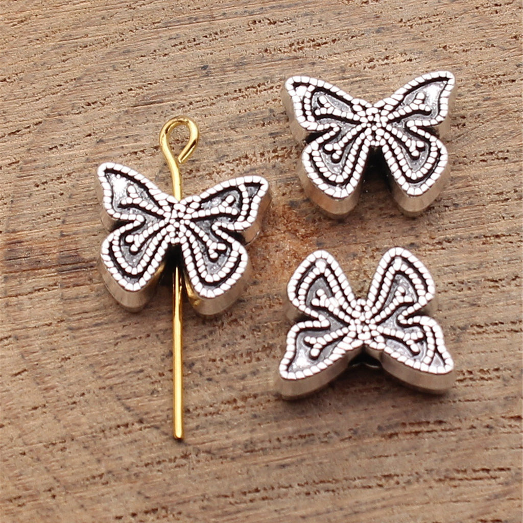 13x10x4.8mm 2.4g Antique Silver Zinc Alloy Double Sided Butterfly Through Hole Beads for DIY Jewelry Making