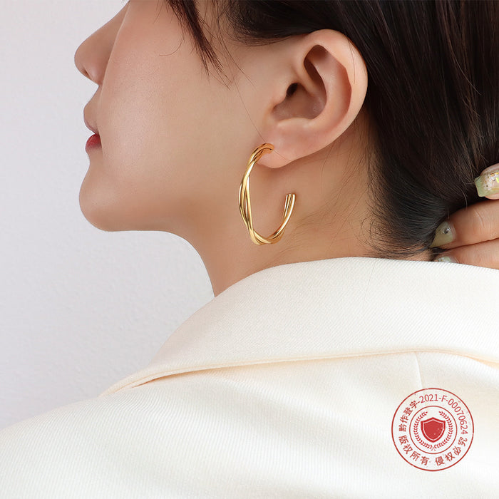 Twisted Double Rope C-Hoop Earrings Gold Steel Titanium
