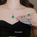 Silver Green Oval Blue Round Crystal Necklace Ring Earring Sets view 2
