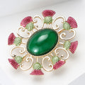 Green Oval Thistle Wreath Brooch with Burgundy Enamel Flowers view 3