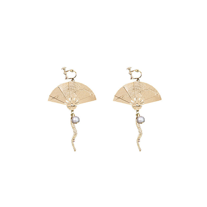Gold and Silver Folding Fan Chain No Pierce Ear Clips
