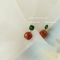 Gold Tone Dark Green Square Amber Irregular Drop Stud Earrings view 4