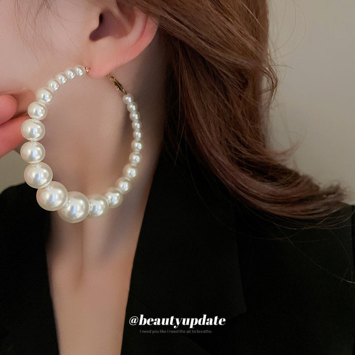 White Pearl Beaded Hoop Earrings For Women Jewelry