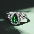 Green Marquise Stone Ring with Ornate Silver Tone Frame view 2