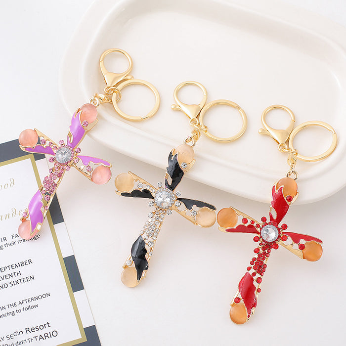 Cat Eye Rhinestone Cross Keychain Gold Clasp Red Pink Black