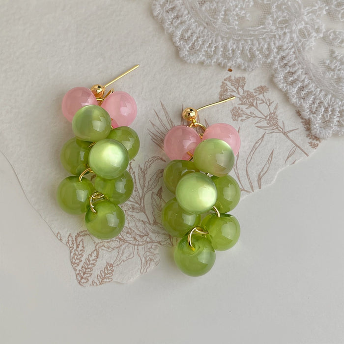 Green and Pink Translucent Grape Cluster Drop Earrings