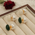 Double Sided Faux Pearl Green Enamel Stud Earrings Gold Tone view 4