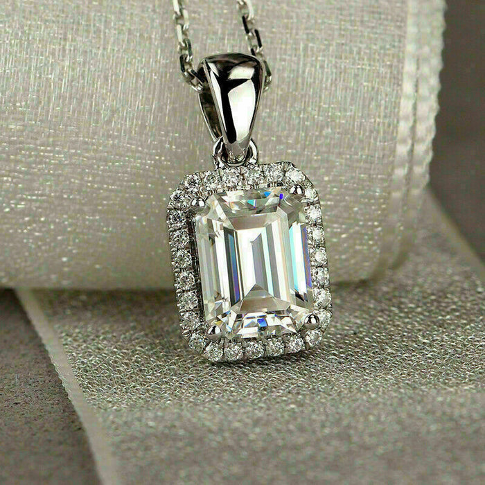 Silver Tone Emerald Cut Crystal Halo Pendant Necklace