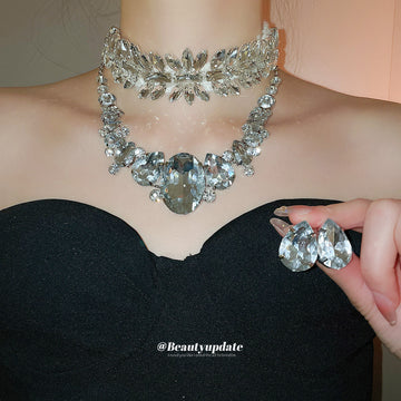 Silver Crystal Teardrop Necklace Earring Set Two Styles
