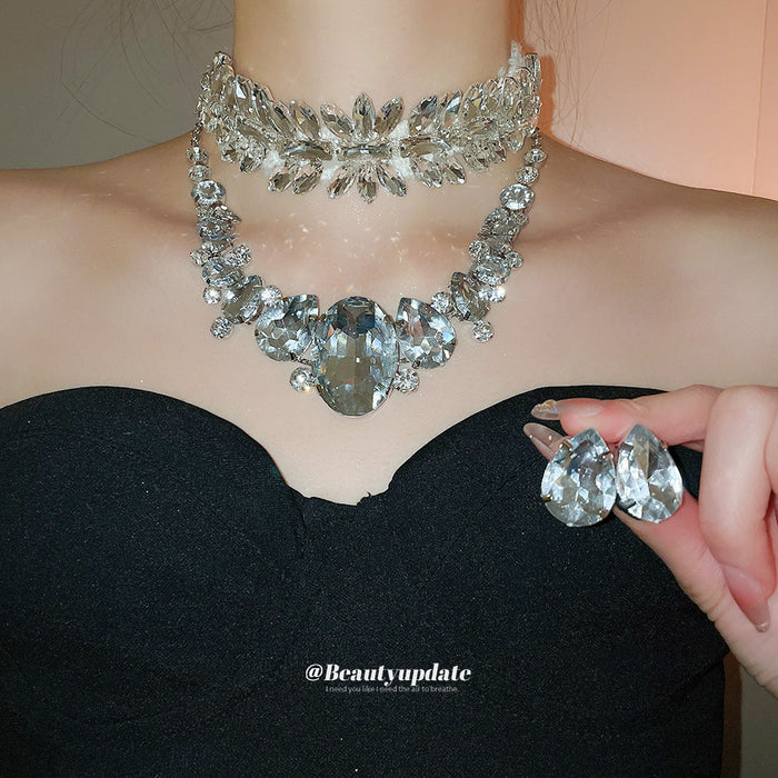 Silver Crystal Teardrop Necklace Earring Set Two Styles