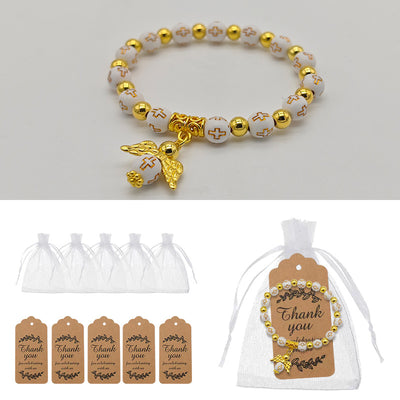 Gold angel cross bead bracelet with organza bags and kraft tags