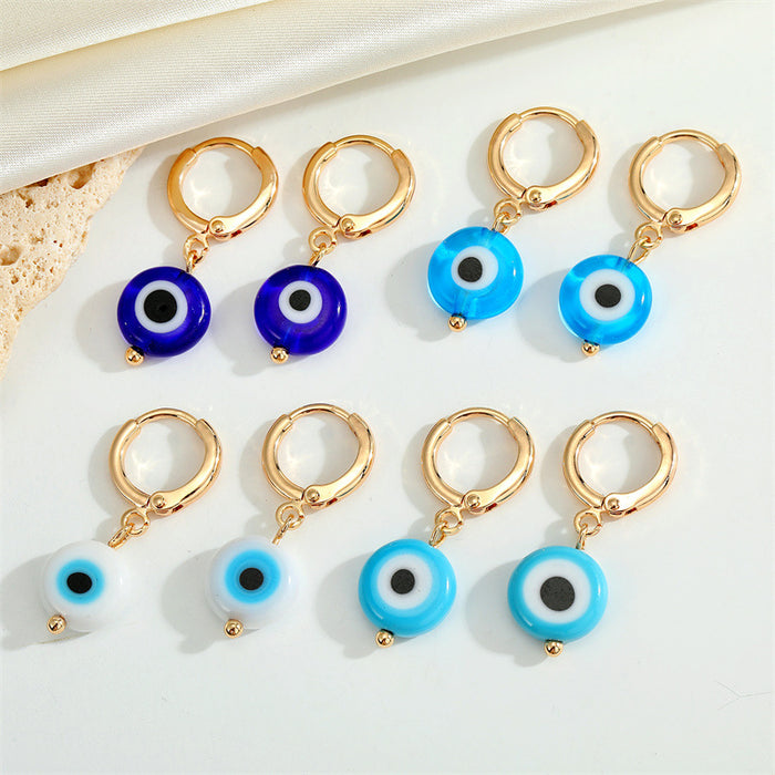 Gold Tone Round Glass Evil Eye Huggie Drop Earrings in Four Colors