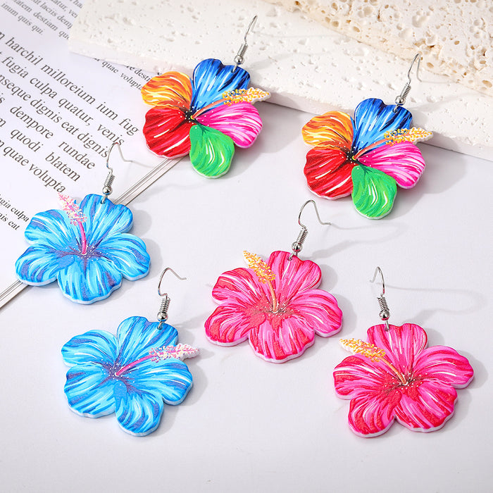 Silver Tone Hibiscus Acrylic Hook Earrings in Three Colors
