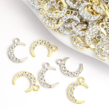 Crystal-Accented Gold Silver Moon Alloy Charms in 2 Styles