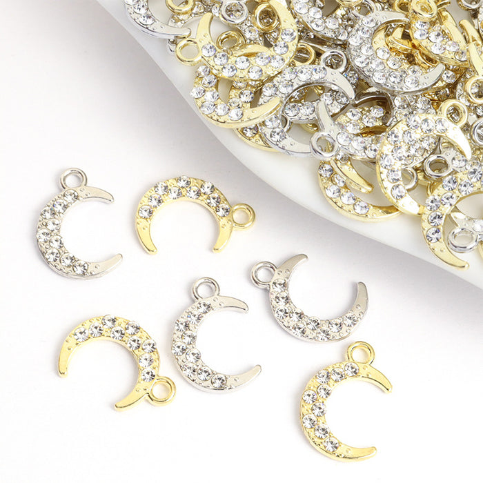 Crystal-Accented Gold Silver Moon Alloy Charms in 2 Styles