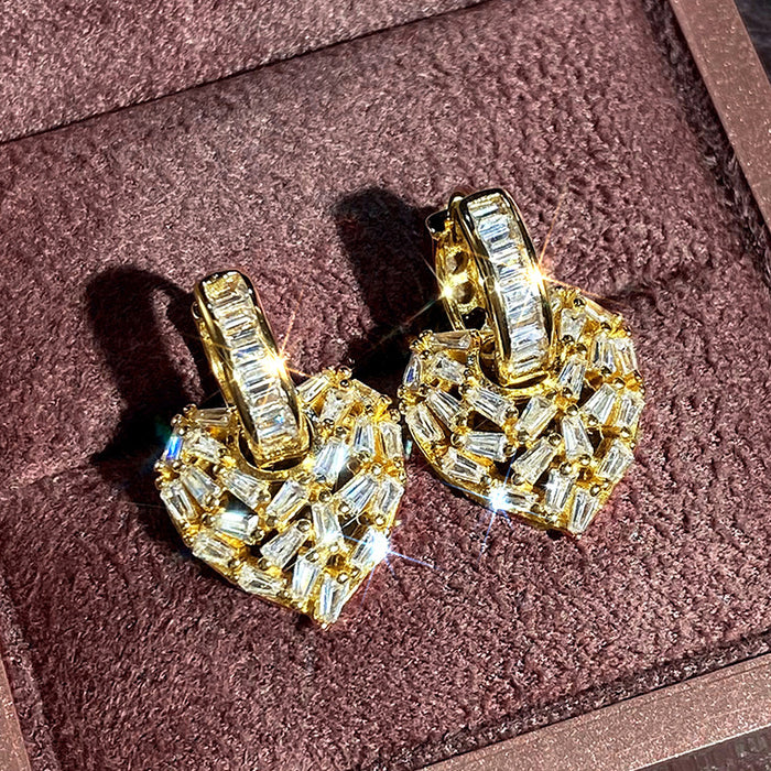Gold Tone Heart Stone Hoop Drop Earrings with Clear Stone Accents