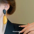 Black Wood Look Oval Textured Statement Drop Stud Earrings view 3