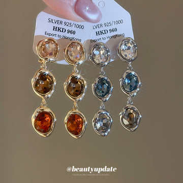 Triple Crystal Drop Ear Clips in Gold and Silver Tones