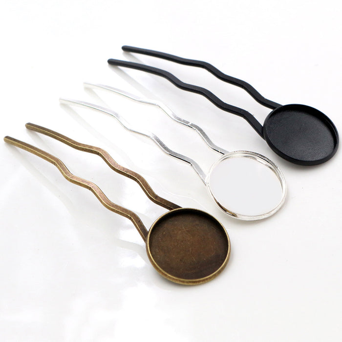 Wavy Two-Prong Hair Fork Blanks with Round Cabochon Trays