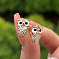 Clear Round Stone Owl Stud Earrings In Polished Gold Tone view 2