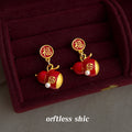 Gold Fu Stud Red Enamel Gourd Pearl Drop Earrings Pair view 3