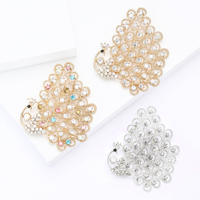 Openwork Peacock Brooch Rhinestone Tail Gold Multicolor Silver