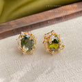 Gold Olive Green Oval CZ Butterfly Frame Stud Earrings view 4