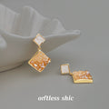 Gold Tone Orange Chip Filled Square Drop Stud Earrings view 3