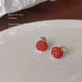 Red Rhinestone Apple Fruit Stud Earrings Gold Tone Leaf view 4
