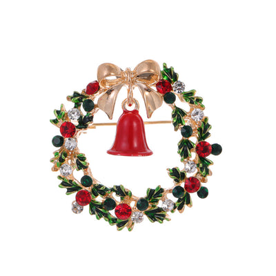 Front product view of the christmas wreath brooch pin in gold and red