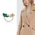 Green Lotus Leaf and Flower Brooch with Detailed Metal-tone Finish view 2
