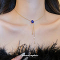 Blue Square Crystal Gold Tone Y Drop Chain Necklace view 3