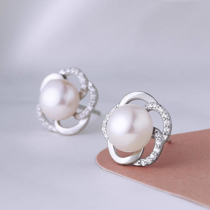 Silver Faux Pearl Open Flower Stud Earrings With Stones