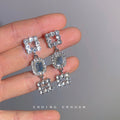 Silver Geometric Square Rhinestone Drop Earrings Clear Crystal view 2